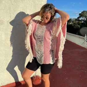 Pink Cream Fringe Distressed Knit Poncho Cover up Striped Dolman Short Sleeve